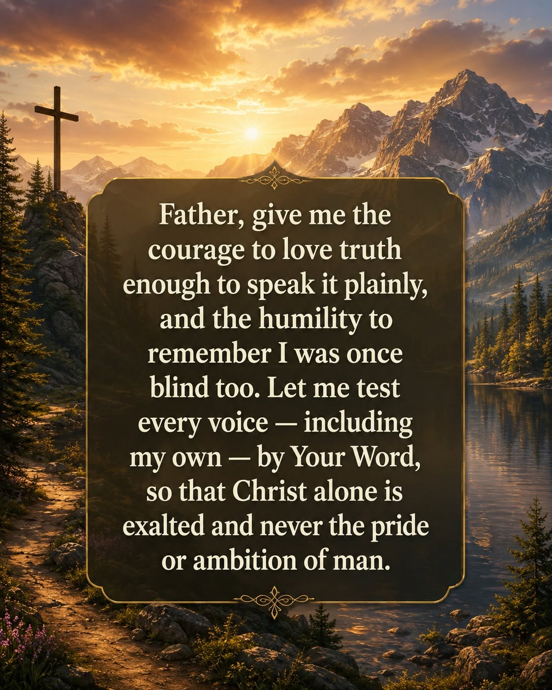 Father, give me the courage to love truth enough to speak it plainly, and the humility to remember I was once blind too. Let me test every voice — including my own — by Your Word, so that Christ alone is exalted and never the pride or ambition of man.